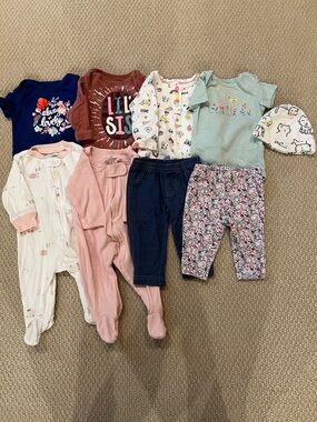 Baby Girl 0-3 Month Clothing Bundle 9pc Carter’s Cat & Jack Outfits Pajamas Set